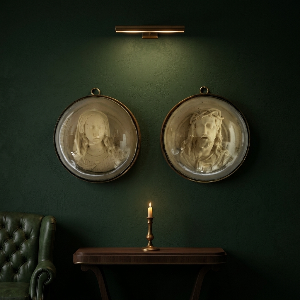 Paire de Médaillons de Dévotion — Christ & Vierge Marie, Napoléon III in setting