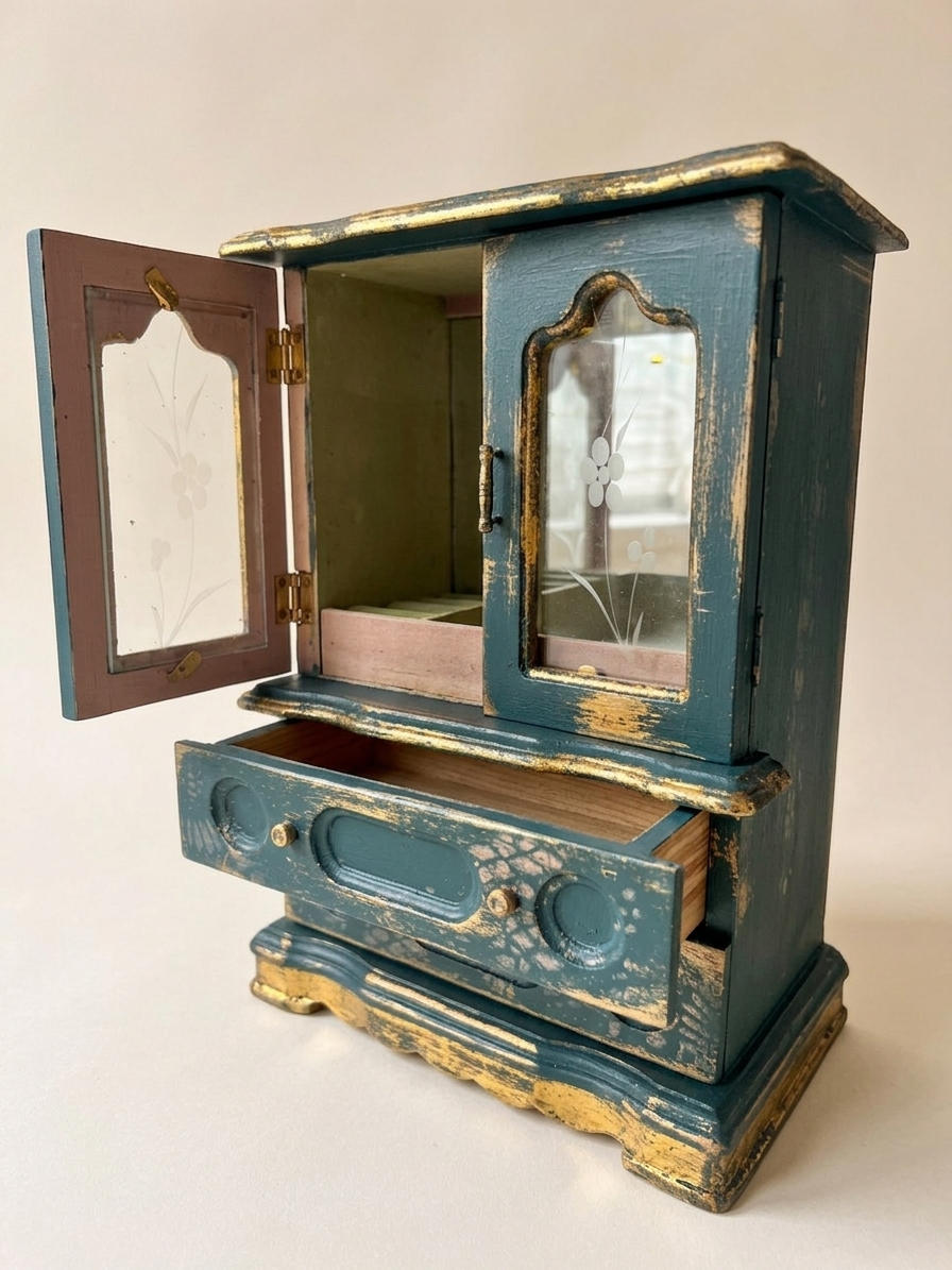 Petrol-Teal & Gilt Upcycled Miniature Armoire in gallery