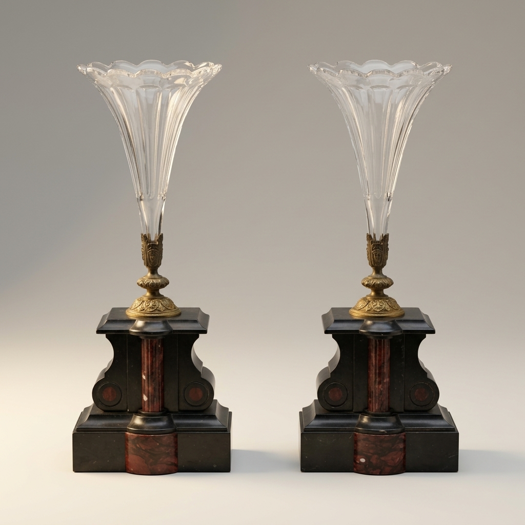 Pair of Napoleon III Mantle Cornets — Slate, Rouge Griotte & Cut Crystal