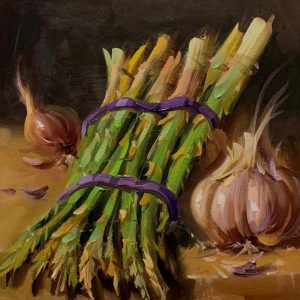 'Asparagus and Garlic' 30x30 cm Oil on Board
