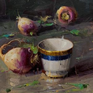 'Turnips and Cup' 30x30 cm Oil on Board