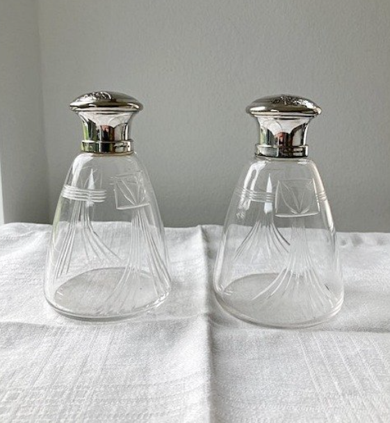 WMF Jugendstil Silvered Perfume Bottles — Pair, Model 220 (1906) — in situ